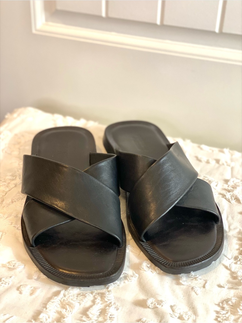 Men's Black Leather Cross-Strap Slide Sandals